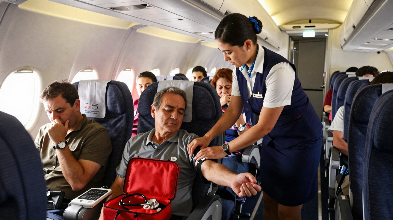 Comissária de bordo realizando atendimento médico em passageiro com bolsa de primeiros socorros dentro de avião.