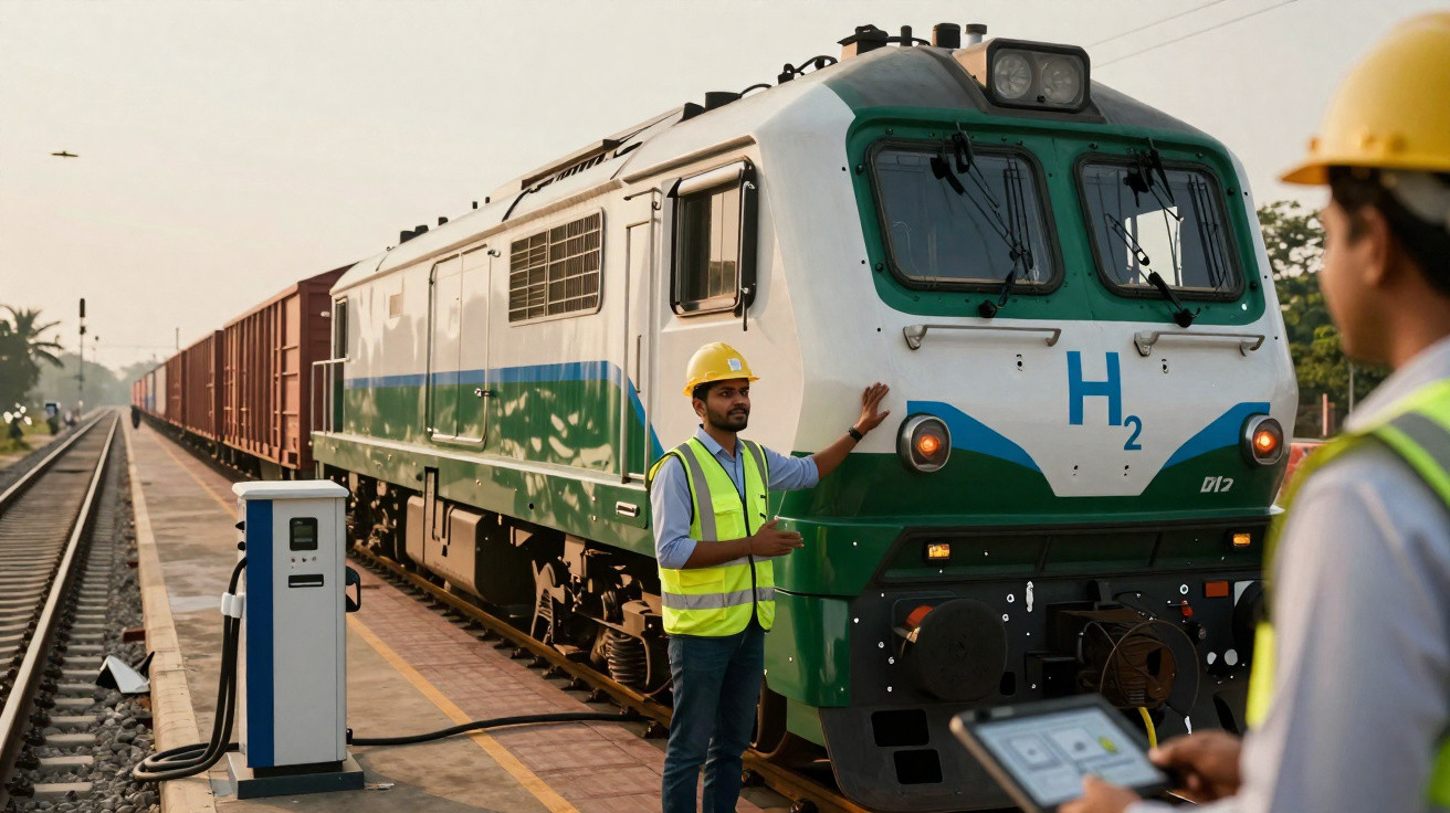 Engenheiros com capacetes e coletes verificam trem movido a hidrogênio em estação ferroviária.