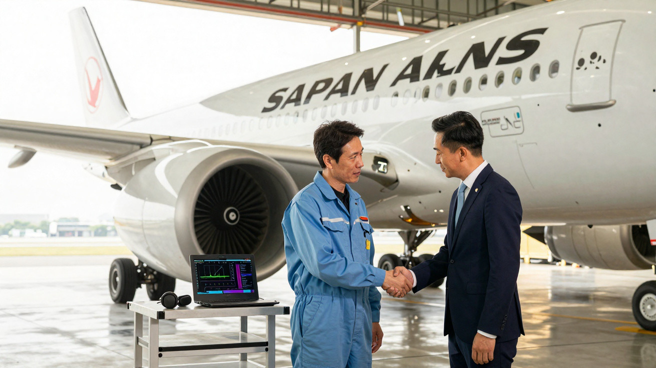 Dois homens apertando as mãos em frente a um avião branco dentro de um hangar.