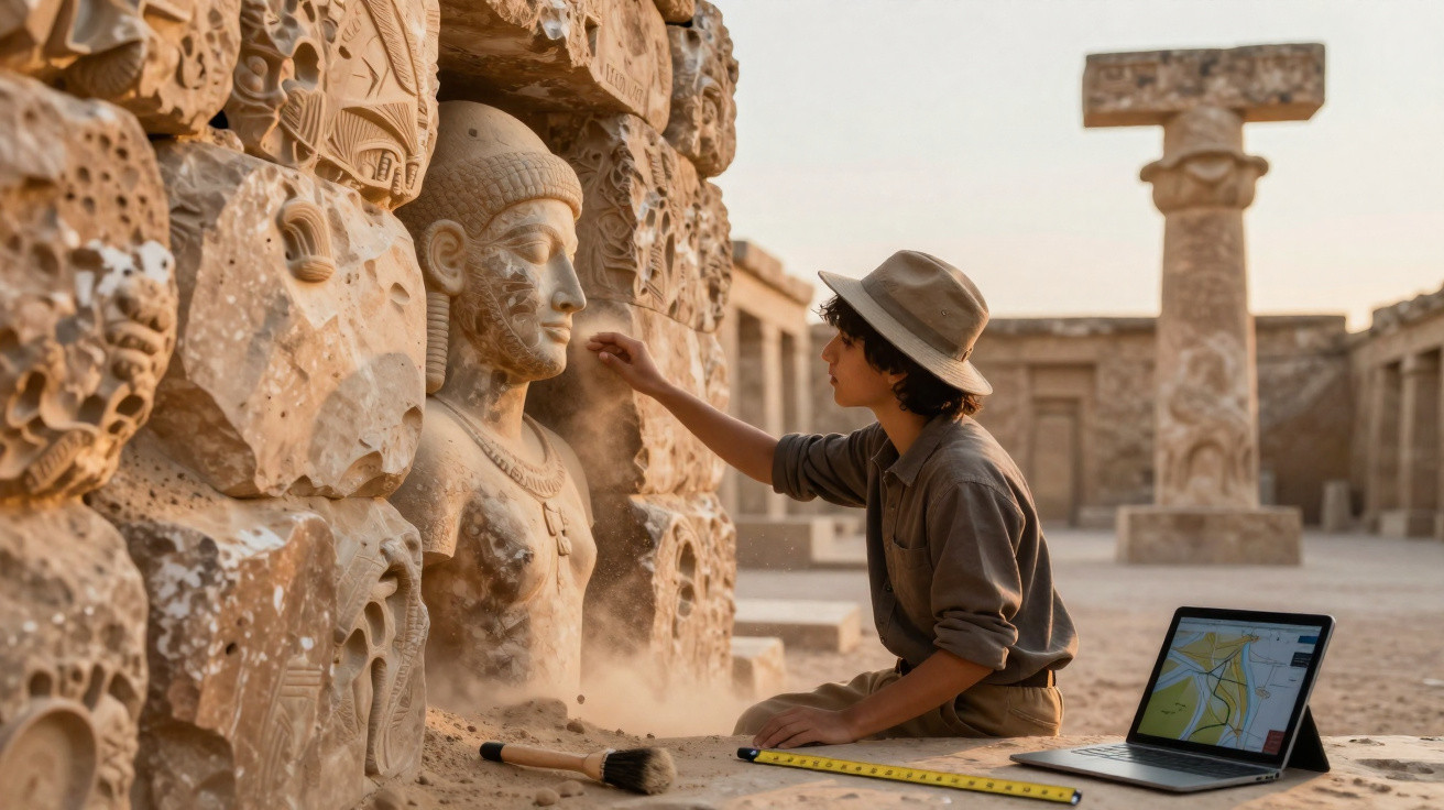 Pesquisador escavando e limpando uma escultura antiga em sítio arqueológico ao ar livre.