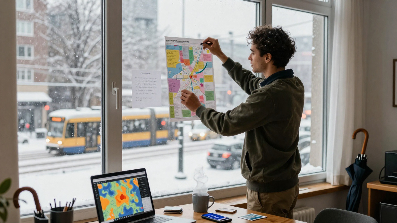 Homem observa mapa colorido colado na janela com neve e ônibus amarelo ao fundo em ambiente de escritório.
