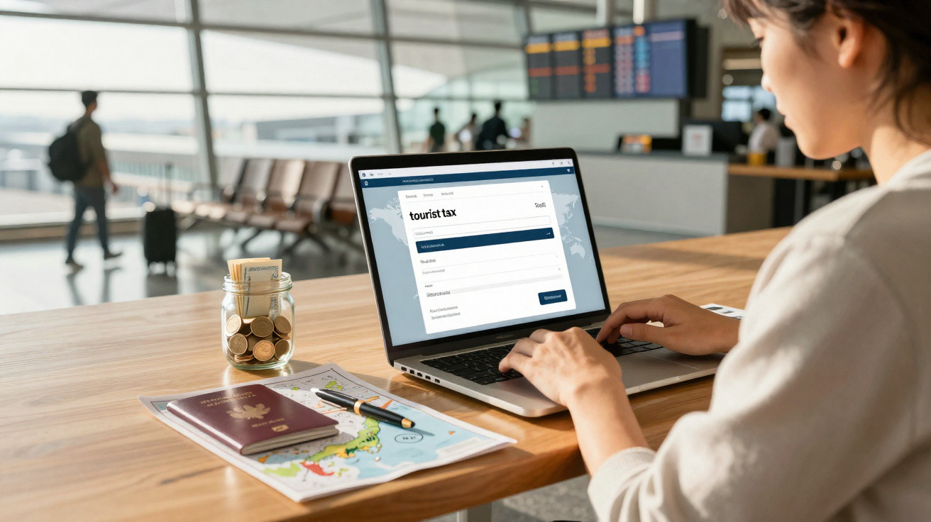 Pessoa preenchendo formulário de tax tourists no laptop em aeroporto com passaporte e mapa na mesa.