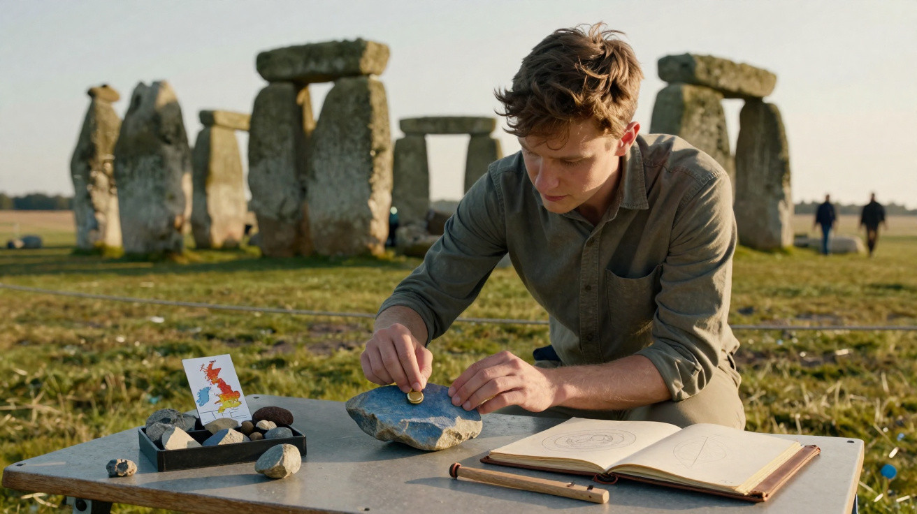 Homem sentado em mesa na grama, manipulando pedras em Stonehenge ao entardecer.