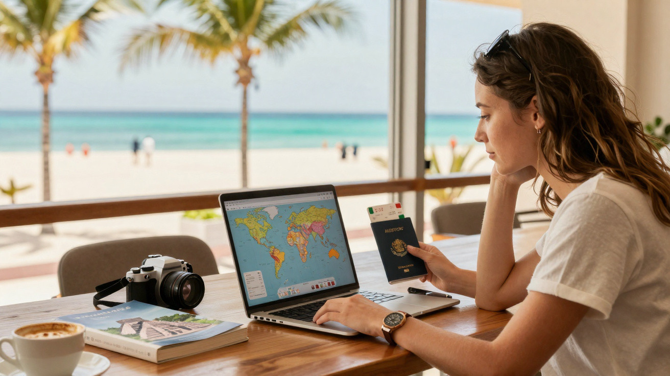 Mulher segurando passaporte e olhando mapa no notebook com câmera e livro na mesa, praia ao fundo.