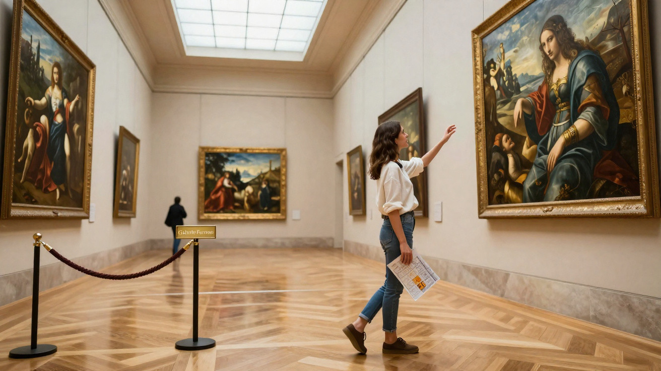 Mulher observando uma pintura renascentista em uma galeria de arte com chão de madeira e iluminação natural.