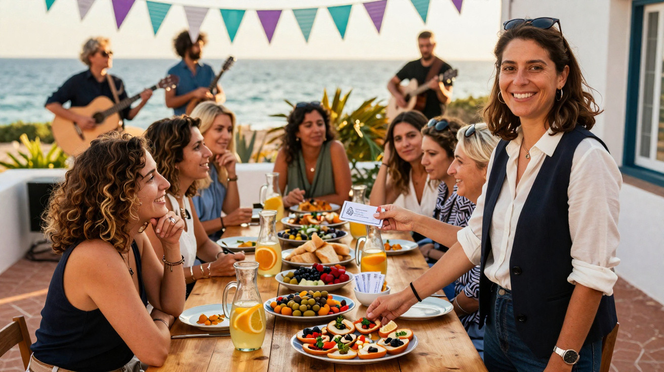 Mulheres reunidas em festa na beira-mar com comida, bebidas e músicos ao fundo em tarde ensolarada.