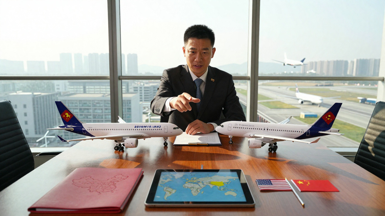 Homem de terno aponta para modelos de aviões sobre mesa com tablet, bandeiras dos EUA e China ao fundo.