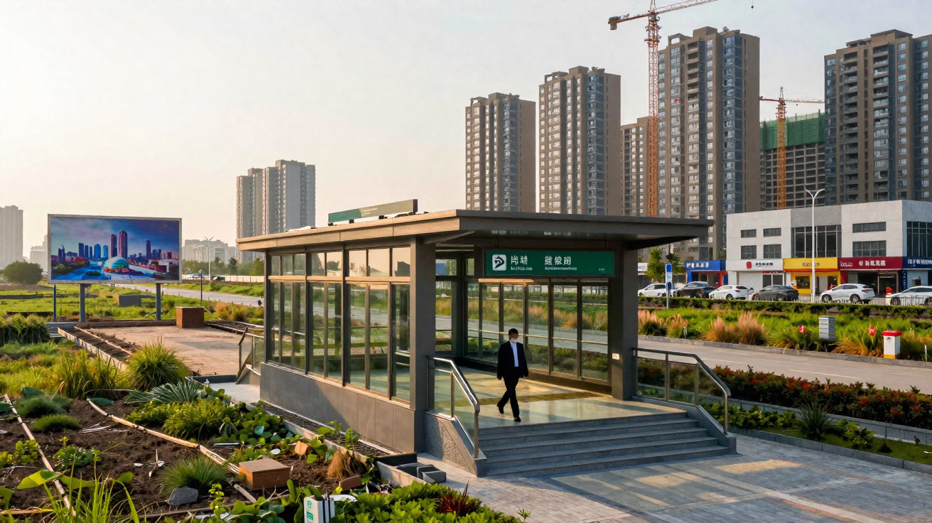 Homem saindo de entrada de estação moderna cercada por jardins e prédios altos ao fundo em área urbana.