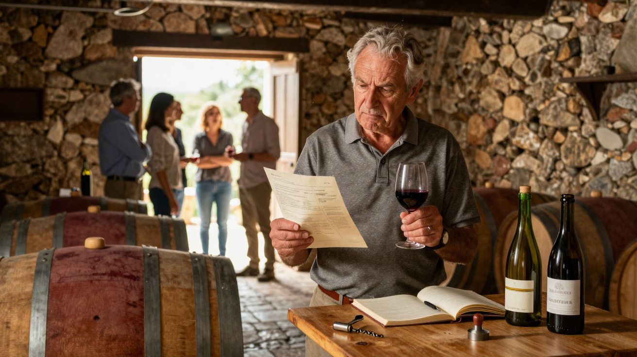 Homem idoso segurando taça de vinho e lendo papel em adega rústica com barris e garrafas.