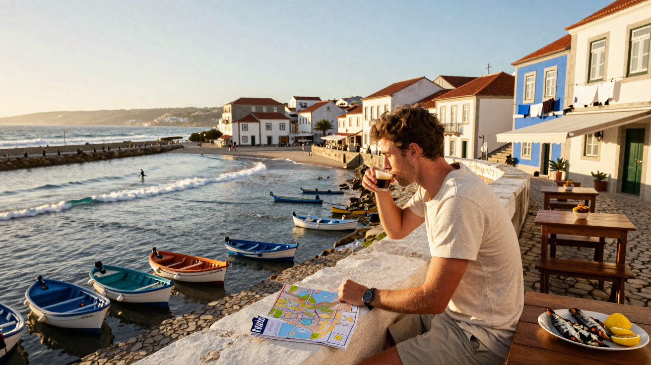 Homem sentado em praia com mapas, bebendo café, barcos ancorados e edifícios ao fundo ao entardecer.