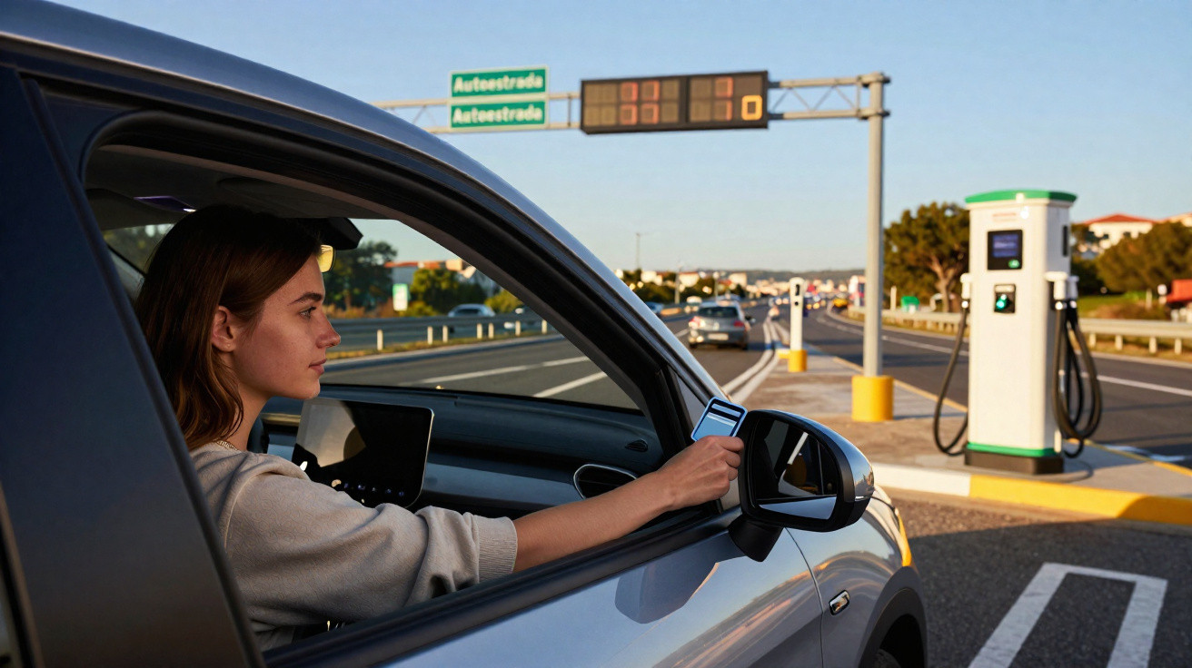 Mulher em carro elétrico usando dispositivo para pagar em estação de recarga na estrada ao entardecer.