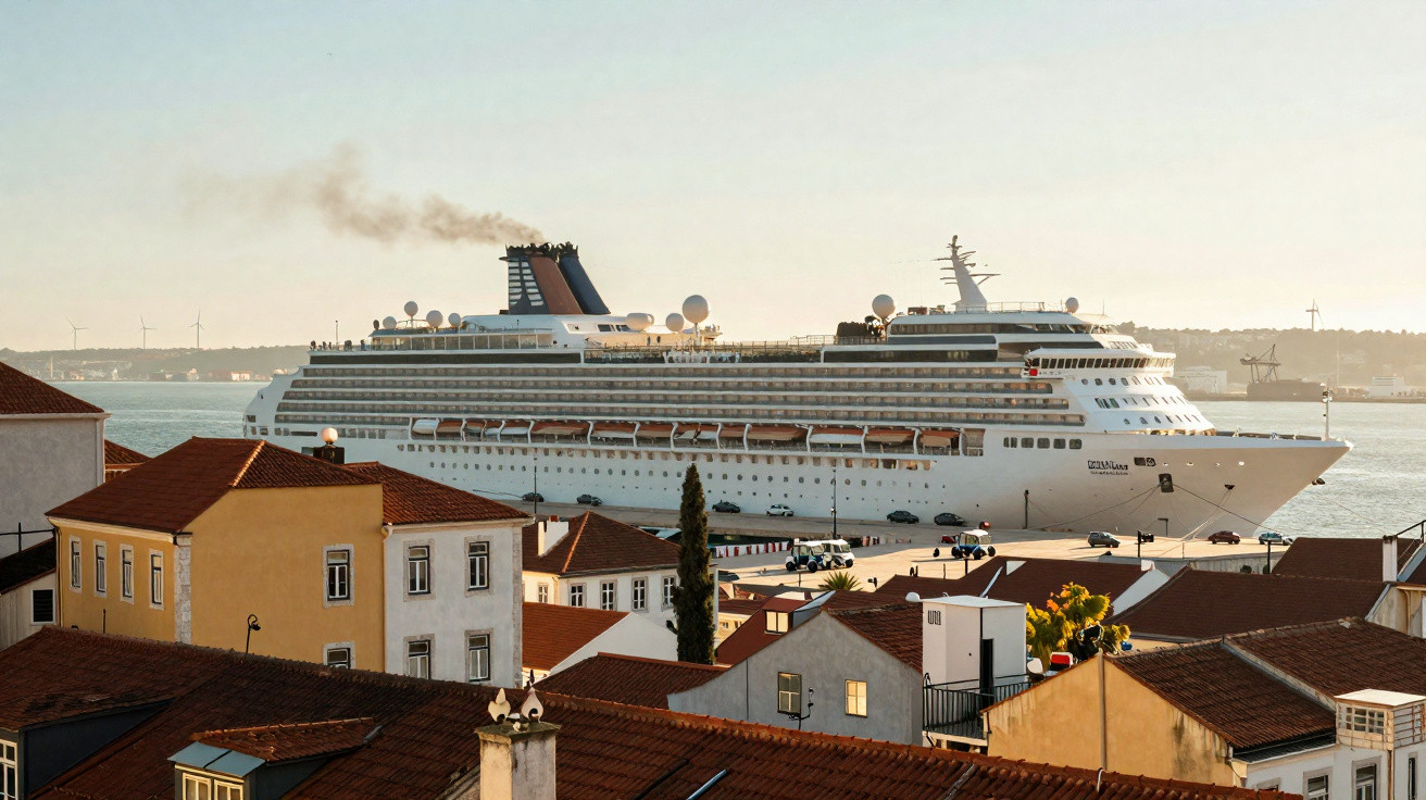 Navio de cruzeiro branco gigante navegando próximo a casas com telhados vermelhos ao pôr do sol.