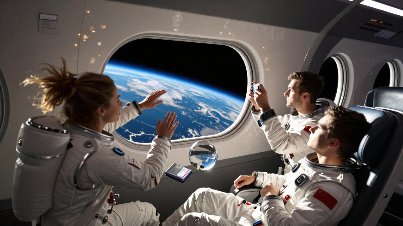Astronautas observando a Terra pela janela de uma nave espacial em órbita.