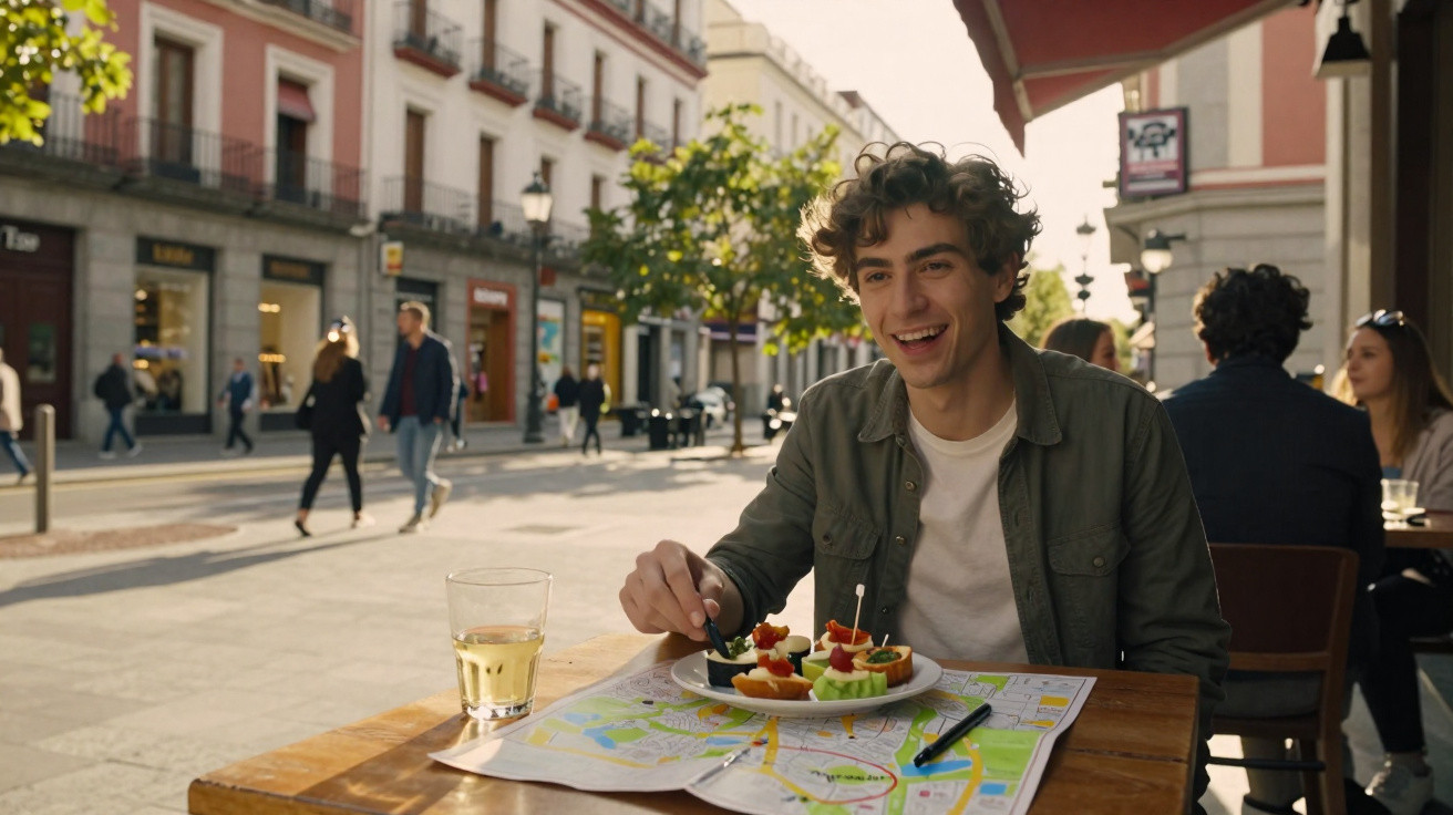 Jovem sorridente sentado em café ao ar livre com prato de petiscos e mapa sobre a mesa.
