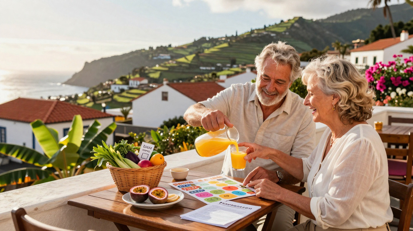 Casal maduro feliz tomando suco de laranja em mesa com frutas e paisagem montanhosa ao fundo.