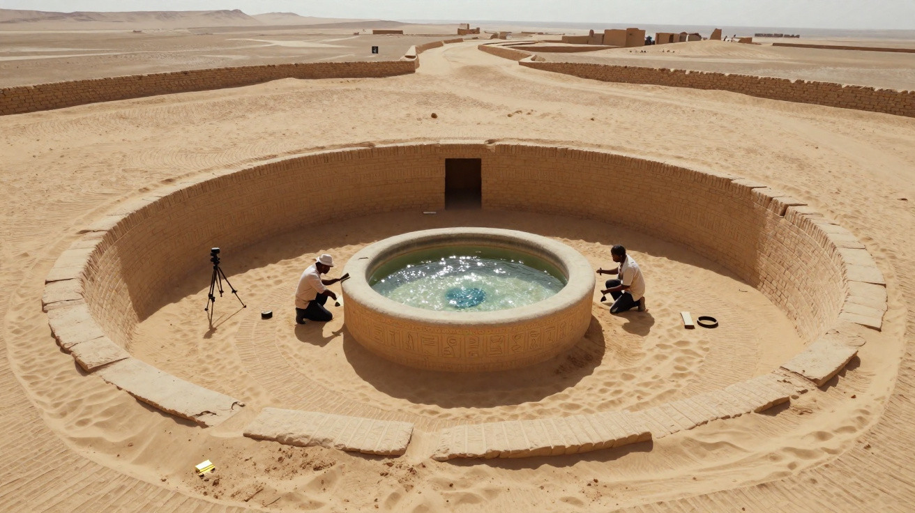 Ruínas circulares de tijolos no deserto com duas pessoas próximas a uma fonte central de água.