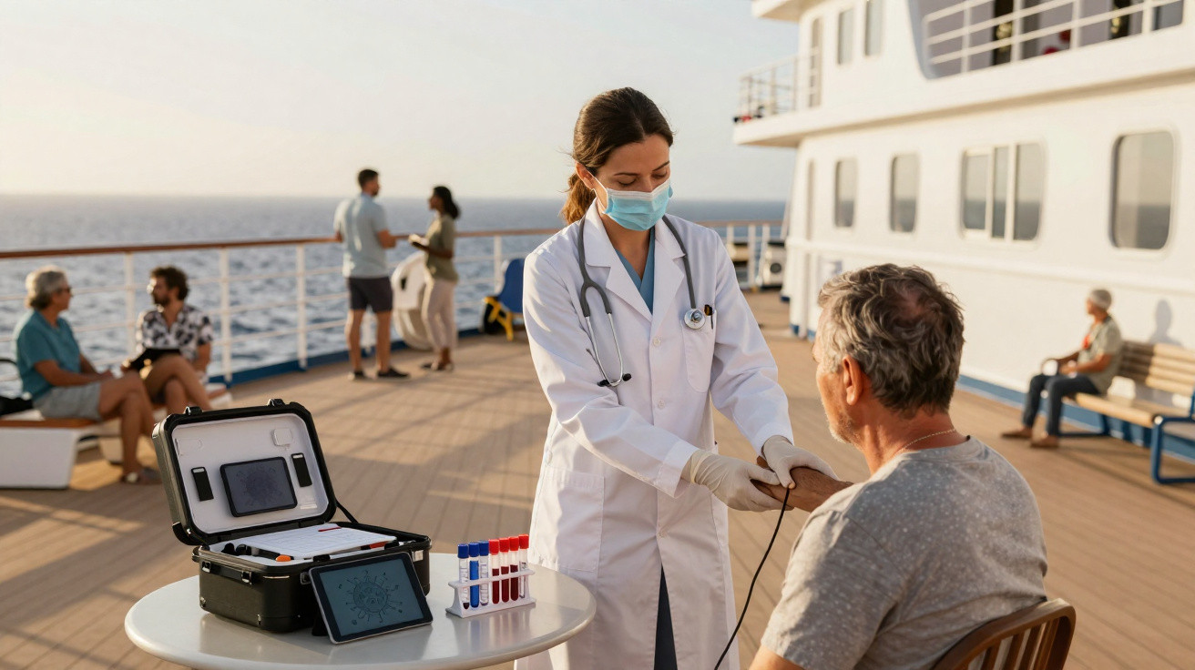 Médica com máscara e jaleco mede pressão de paciente idoso em convés de navio durante o dia.