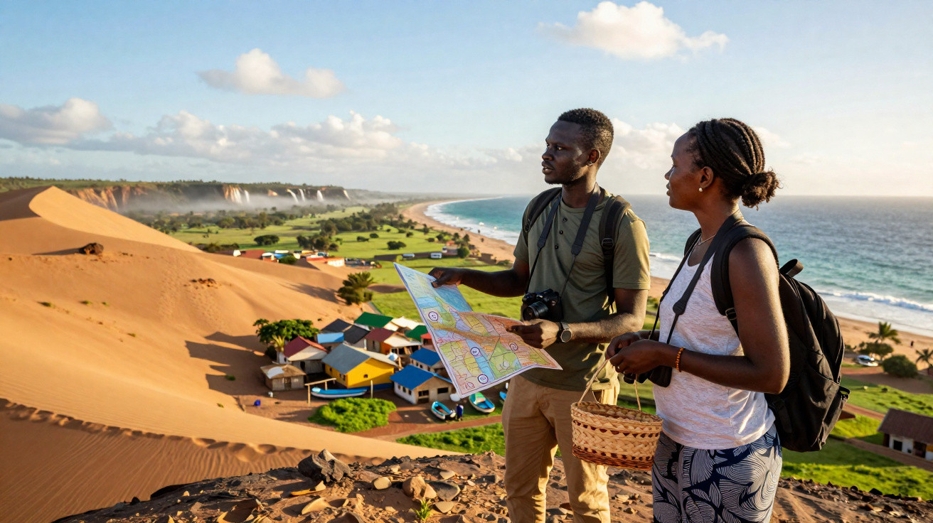 Casal de turistas com mapa no deserto próximo a vilarejo colorido e praia com mar azul.