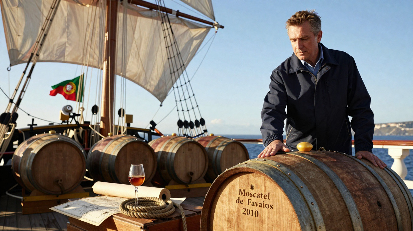 Homem em barco antigo encostado em barril de vinho Moscatel de Favaios 2010, com barris e mapa ao redor.