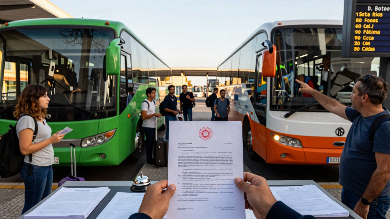 Pessoa segurando documento em terminal rodoviário com passageiros e dois ônibus ao fundo.