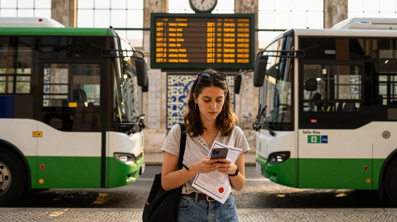 Mulher usando celular e segurando documentos entre dois ônibus verdes em estação de transporte público.