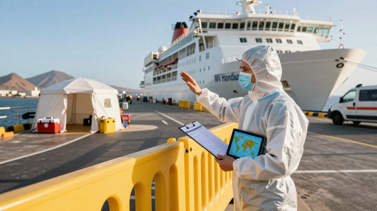 Profissional em equipamento de proteção controla acesso em porto com navio e tendas ao fundo.