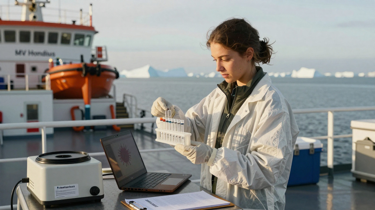 Mulher cientista em barco segurando tubos de ensaio com paisagem de gelo e mar ao fundo.