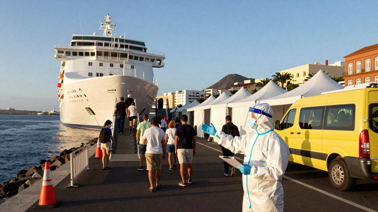 Passageiros embarcando em navio de cruzeiro com funcionário em traje de proteção e tendas ao lado.