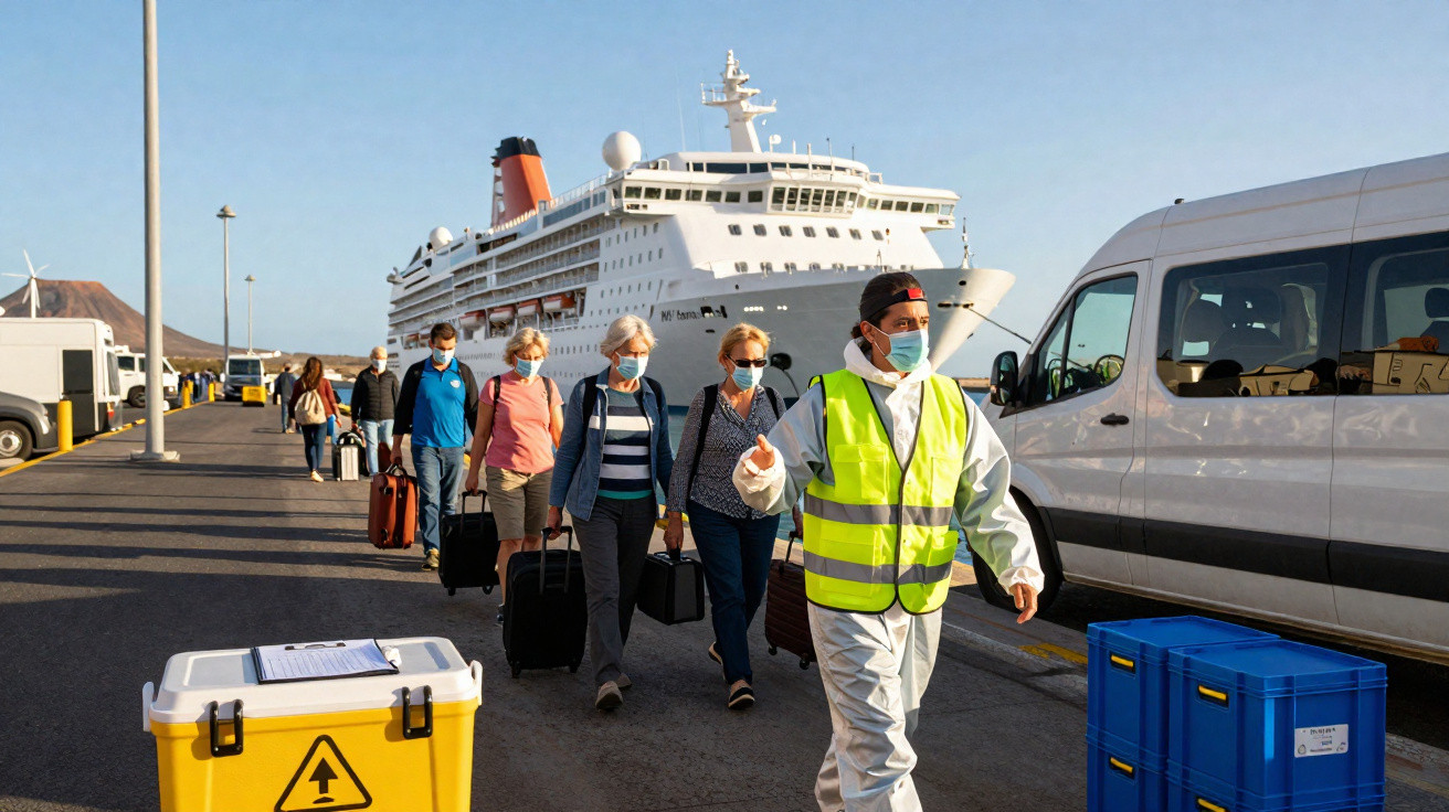 Passageiros de máscara desembarcando de navio de cruzeiro com orientação de funcionário em colete refletivo.