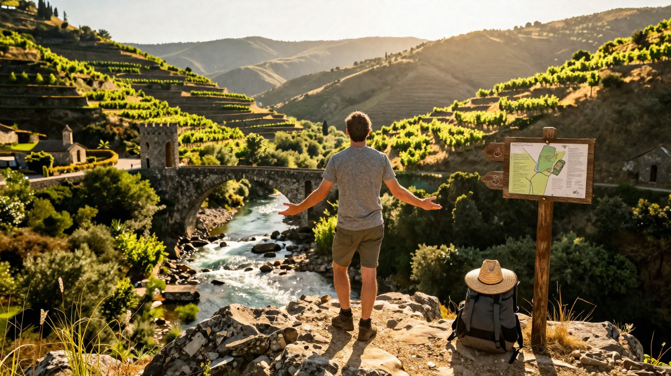 Homem de costas admirando vale com rio, vinhedos em terraços e ponte de pedra ao entardecer.
