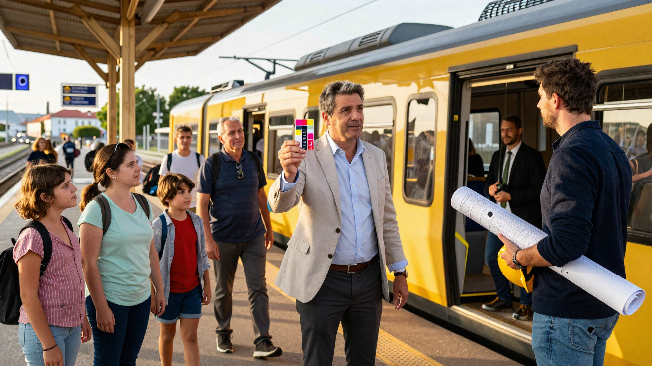 Homem exhibindo bilhete a outro homem na plataforma de trem com passageiros ao redor.
