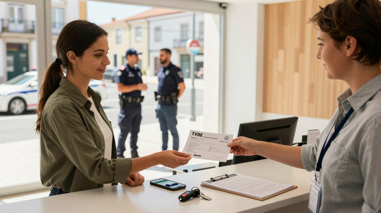 Mulher entrega documento na recepção de estabelecimento, com policiais ao fundo na rua.