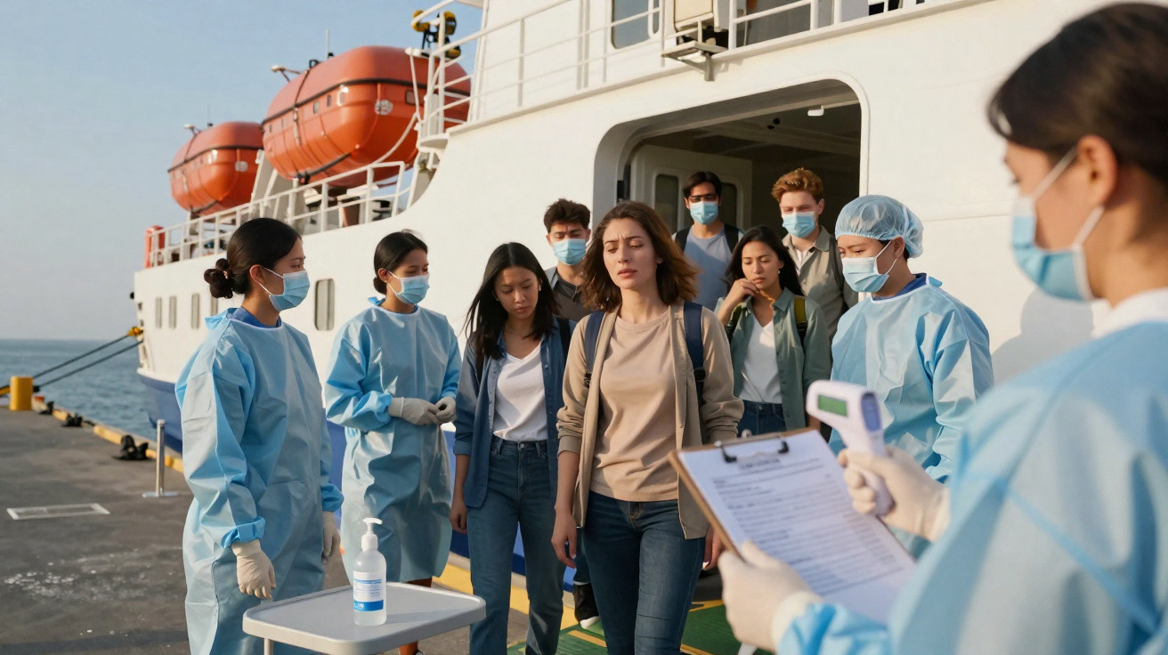 Grupo de pessoas com máscaras em fila de desembarque, sendo atendidas por equipe médica com EPIs.