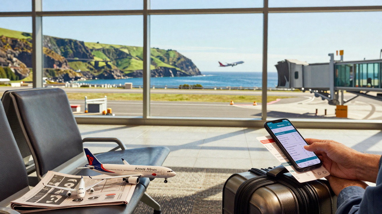 Pessoa segurando celular e passagem no saguão do aeroporto com avião decolando e modelo de avião na poltrona.