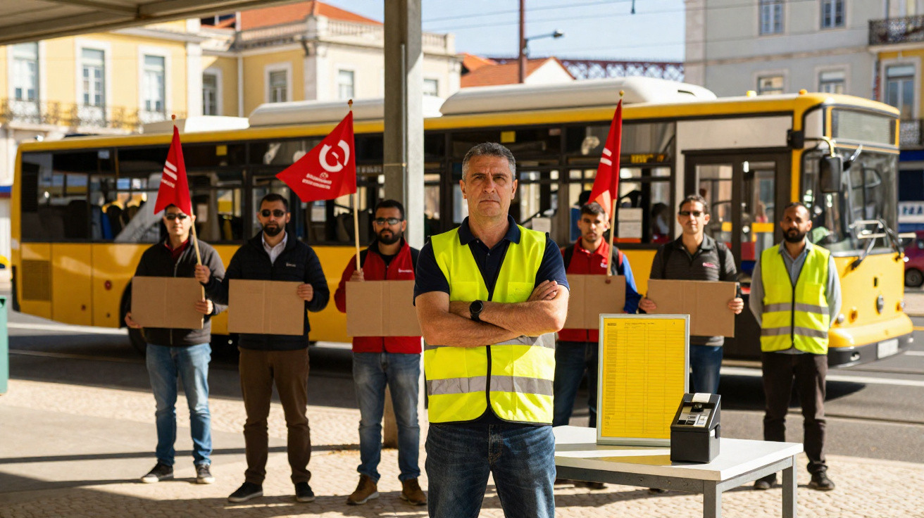 Homem de colete amarelo em protesto com grupo segurando placas e bandeiras vermelhas, próximo a ônibus amarelo.