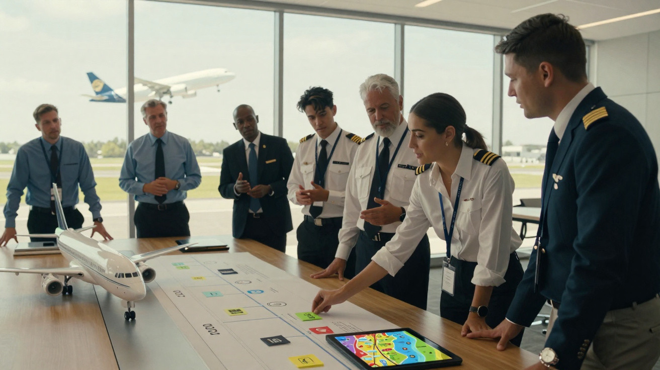 Equipe de aviação reunida em sala com mesa, discutindo planejamento e maquete de avião ao fundo.