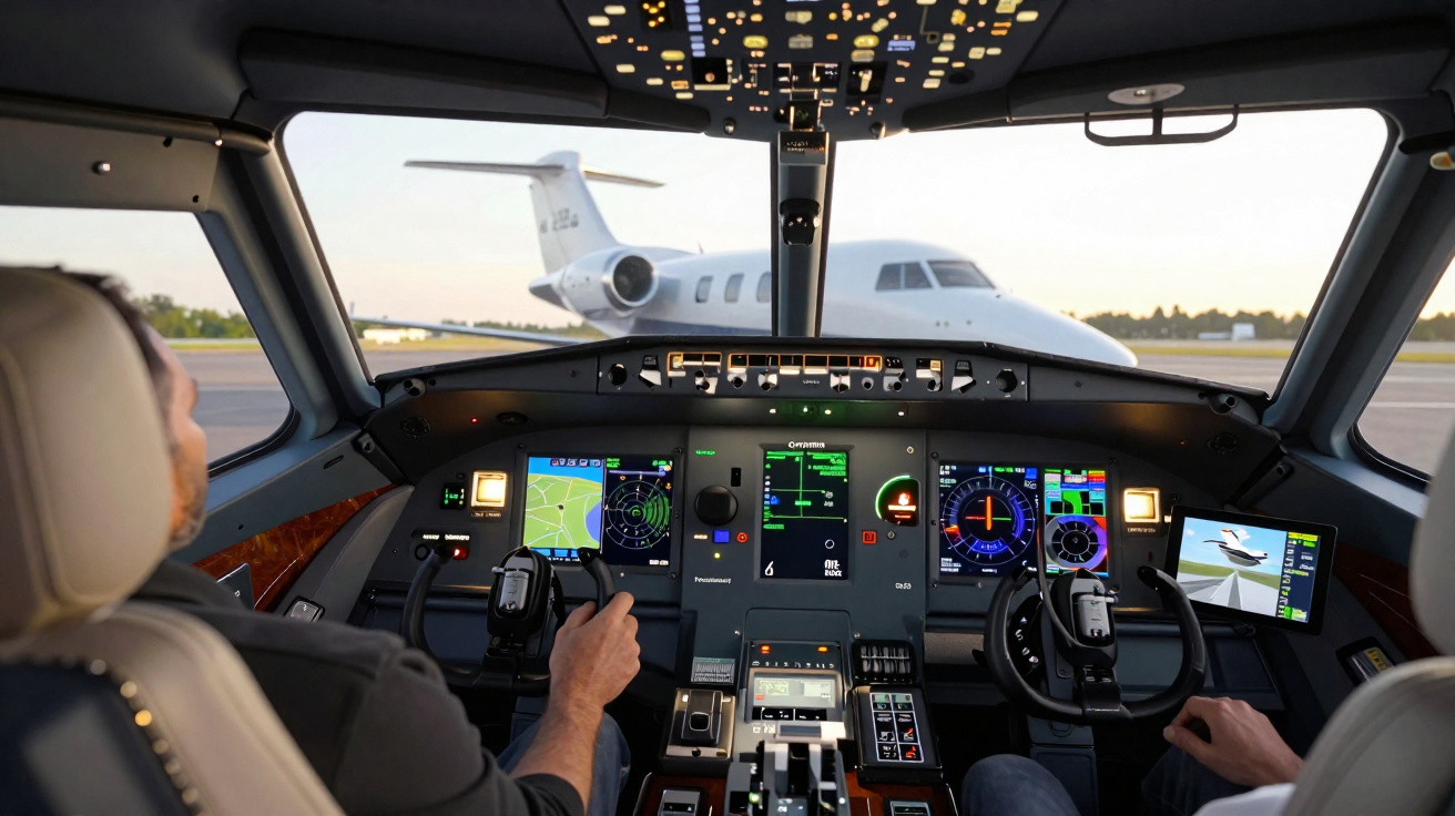 Interior da cabine de um avião com pilotos e painéis de controle digitais, e outro jato visível pela janela.