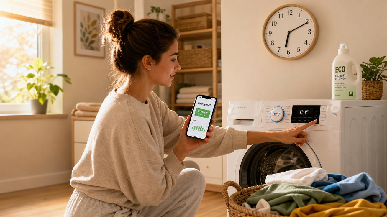 Mulher ajusta máquina de lavar roupa usando aplicativo de monitoramento de energia no celular em ambiente iluminado.