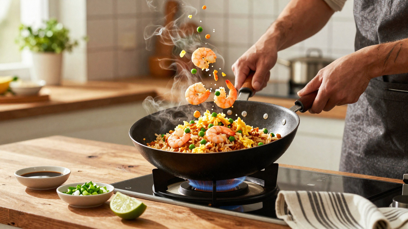 Homem cozinhando arroz com camarão e legumes em wok sobre fogão a gás em cozinha iluminada.