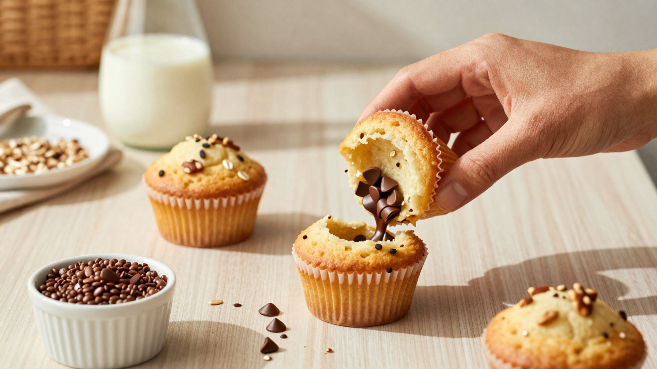 Mão abrindo muffin com recheio de chocolate derretido, ao lado de muffins e granulado em potes na mesa.