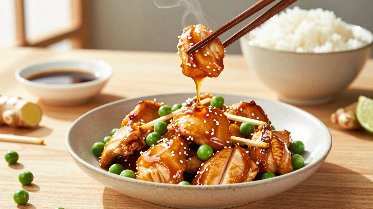Prato de salmão teriyaki com ervilhas e gergelim, arroz branco ao fundo e molho em tigela pequena.