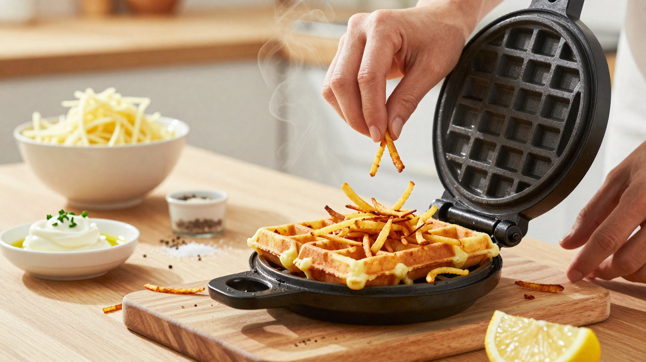 Pessoa colocando batatas fritas em waffle dentro de máquina de waffle aberta sobre bancada de madeira.