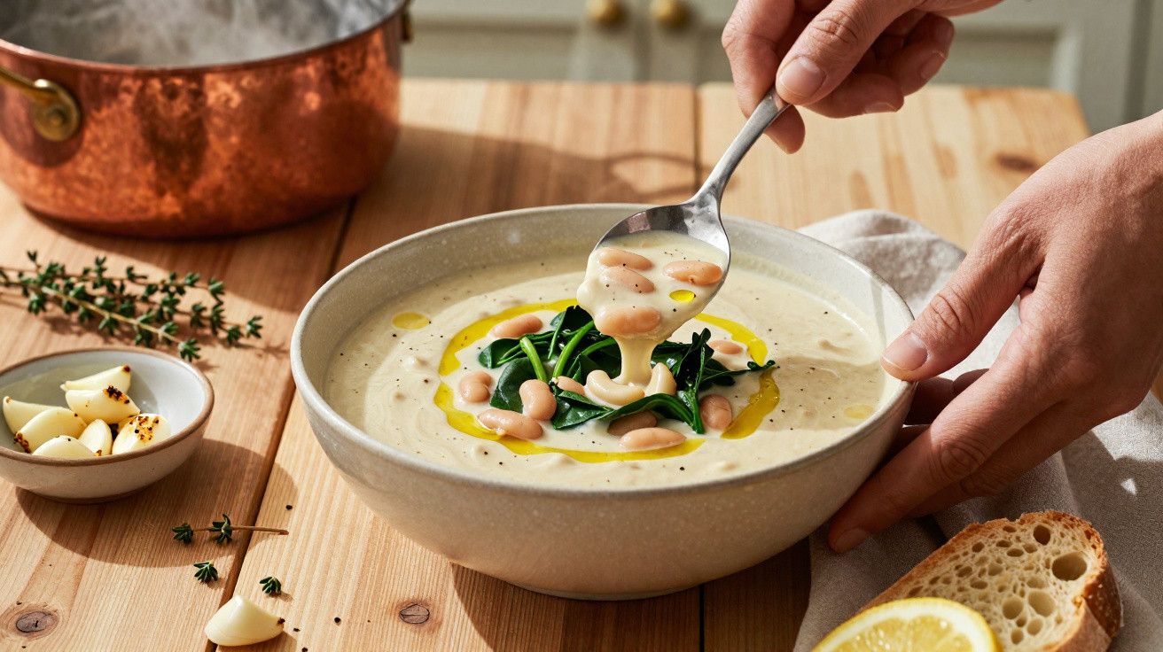 Sopa cremosa com feijão branco, espinafre, azeite, alho e pão ao lado sobre mesa de madeira.