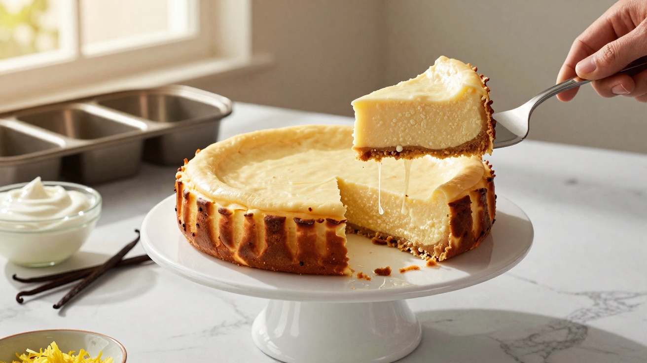 Cheesecake cremoso sendo servido em pedaço, com crosta dourada, sobre mesa branca.