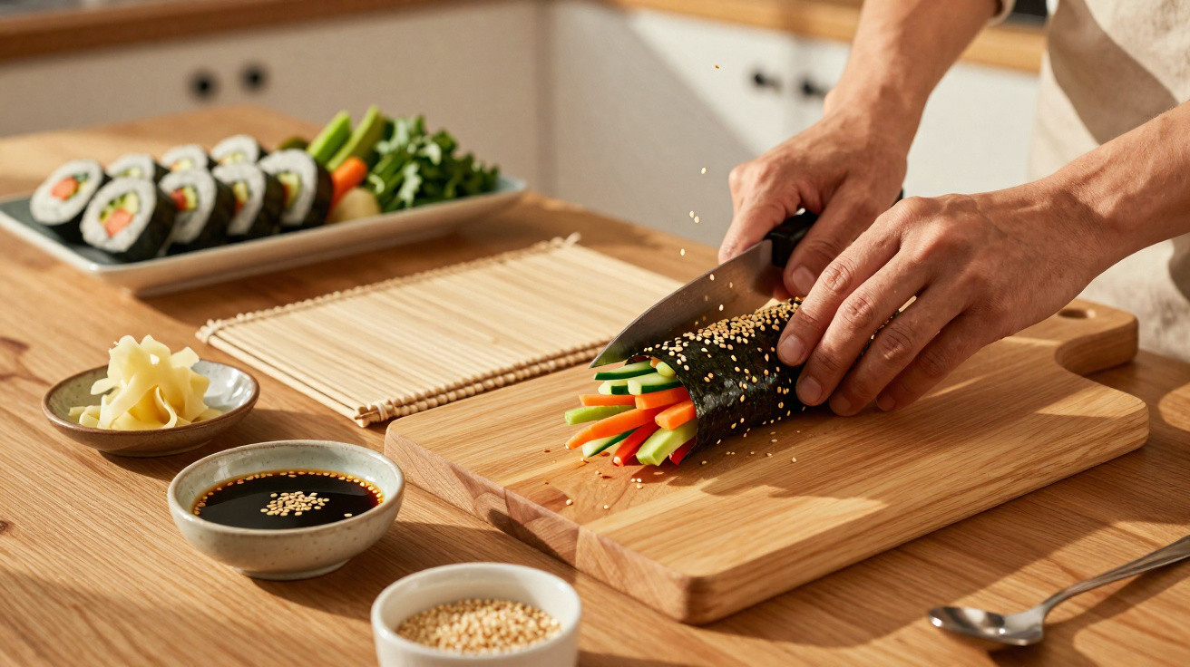 Pessoa cortando sushi vegetariano com legumes frescos em tábua de madeira na cozinha.