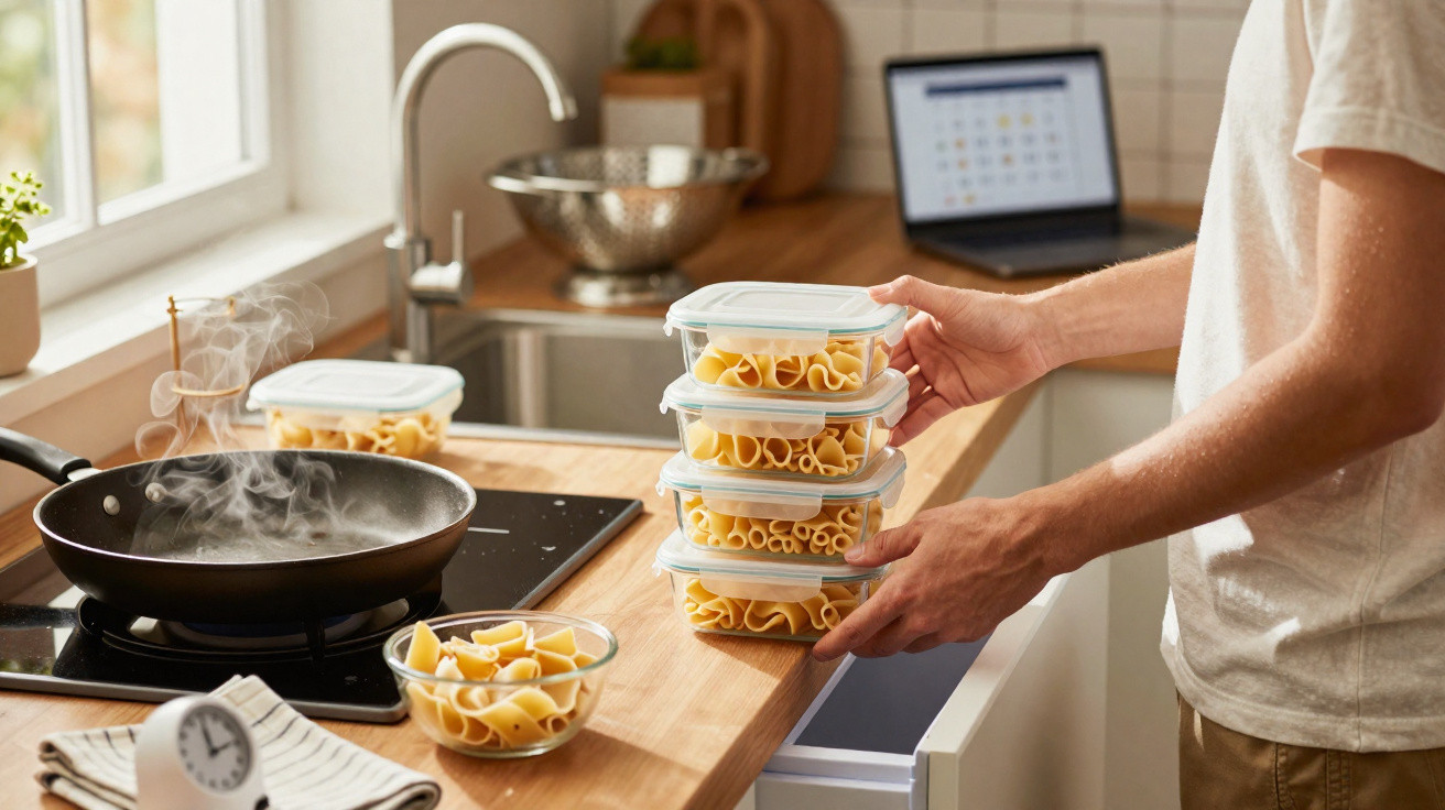 Pessoa organizando potes plásticos com macarrão cozido em bancada de cozinha moderna com frigideira e timer.