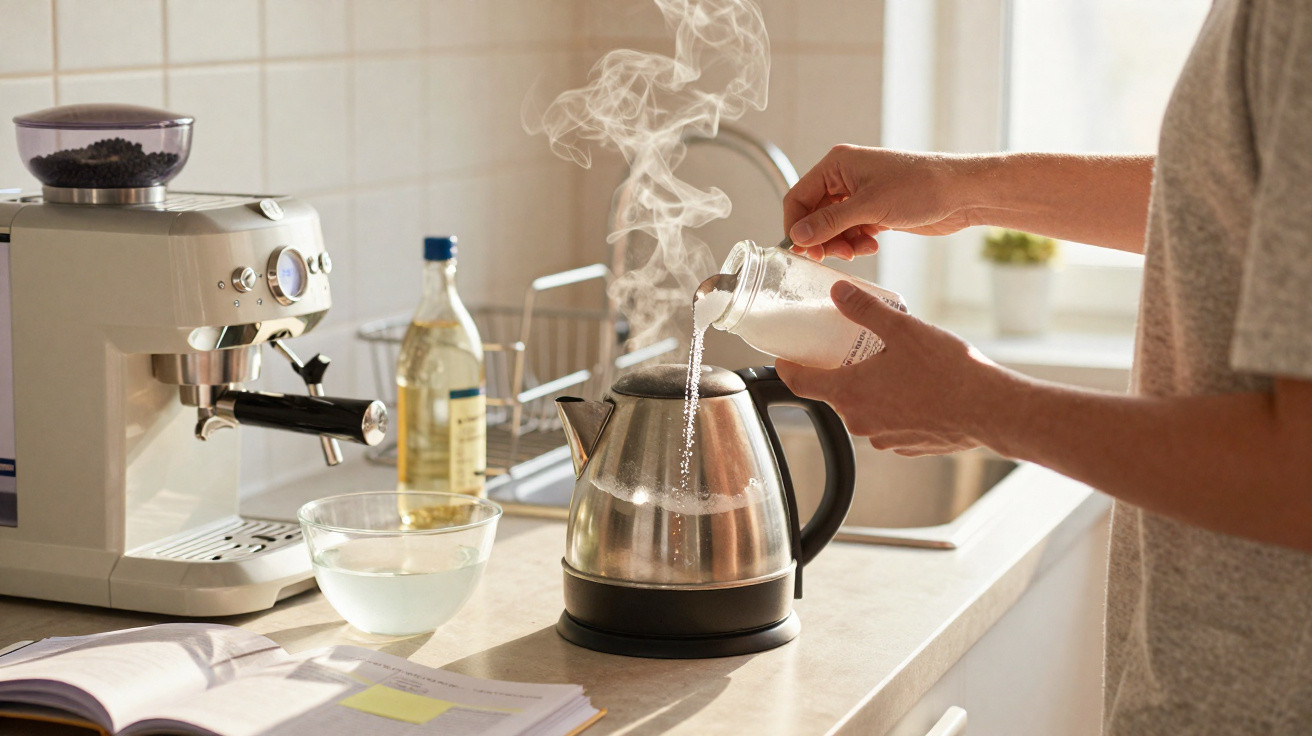 Pessoa adicionando açúcar em chaleira elétrica com vapor em cozinha iluminada.