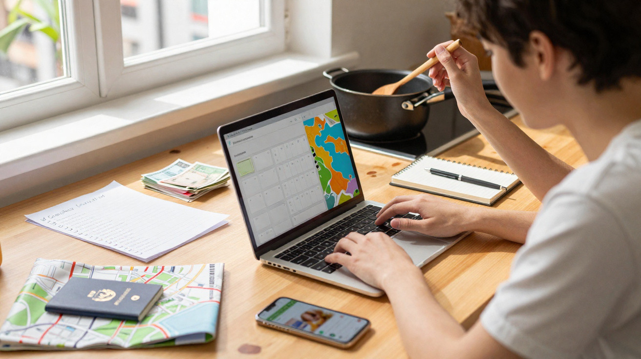 Pessoa usando laptop na mesa de cozinha com documentos, mapa, celular e panela ao fundo.