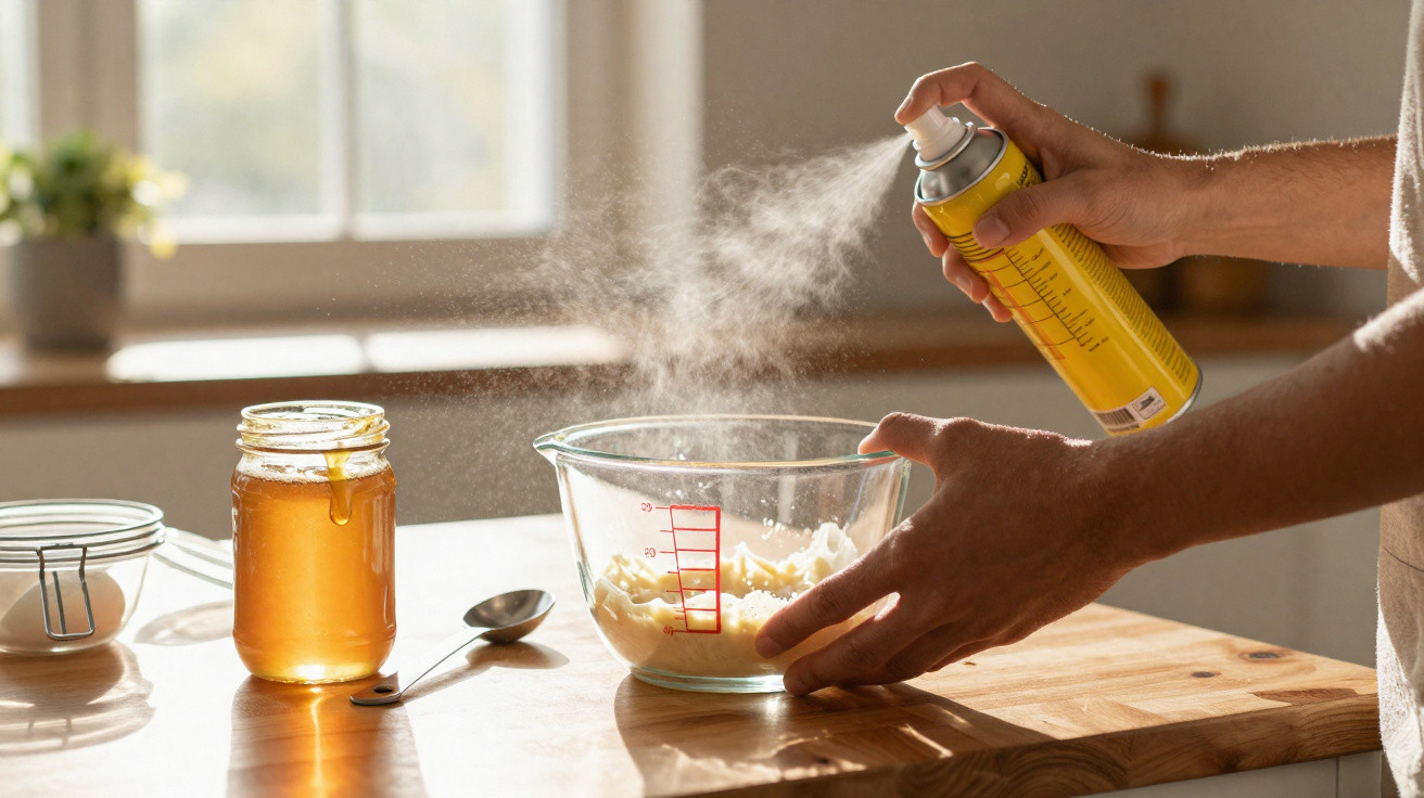 Mãos borrifando spray antiaderente em uma tigela de vidro com farinha em cozinha iluminada.