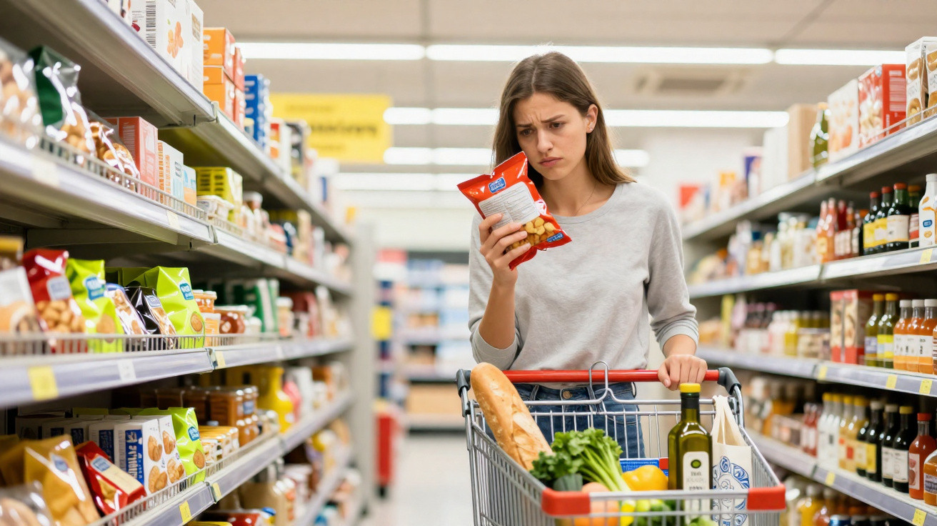 Mulher lendo rótulo de produto enquanto faz compras em supermercado, com carrinho cheio de alimentos variados.